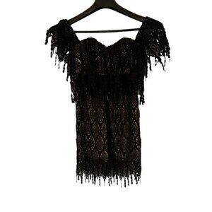 STONE Cold Fox Black Coctail Party Mini Dress Lace Overlay Off the Shoulder 1‎